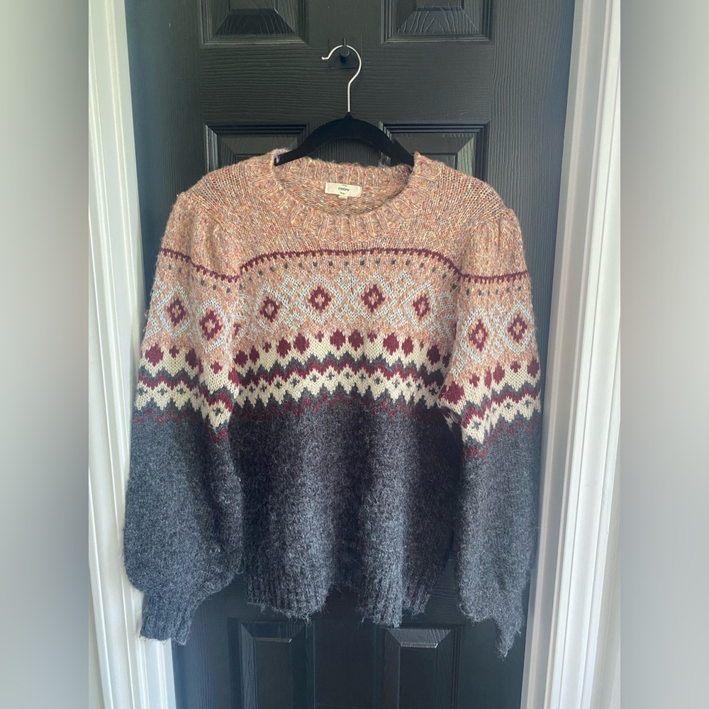 Entro  Fair Isle Fuzzy Knit Charcoal Pink Sweater-Size L